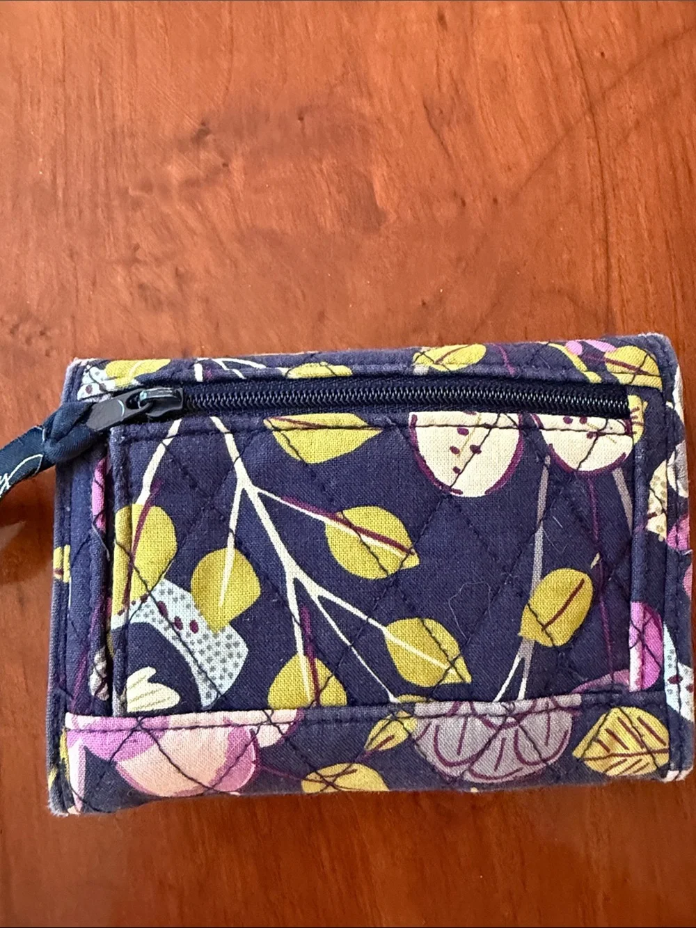 Vera Bradley Quilted Floral Trifold Wallet in Navy, Pink & Yellow Floral